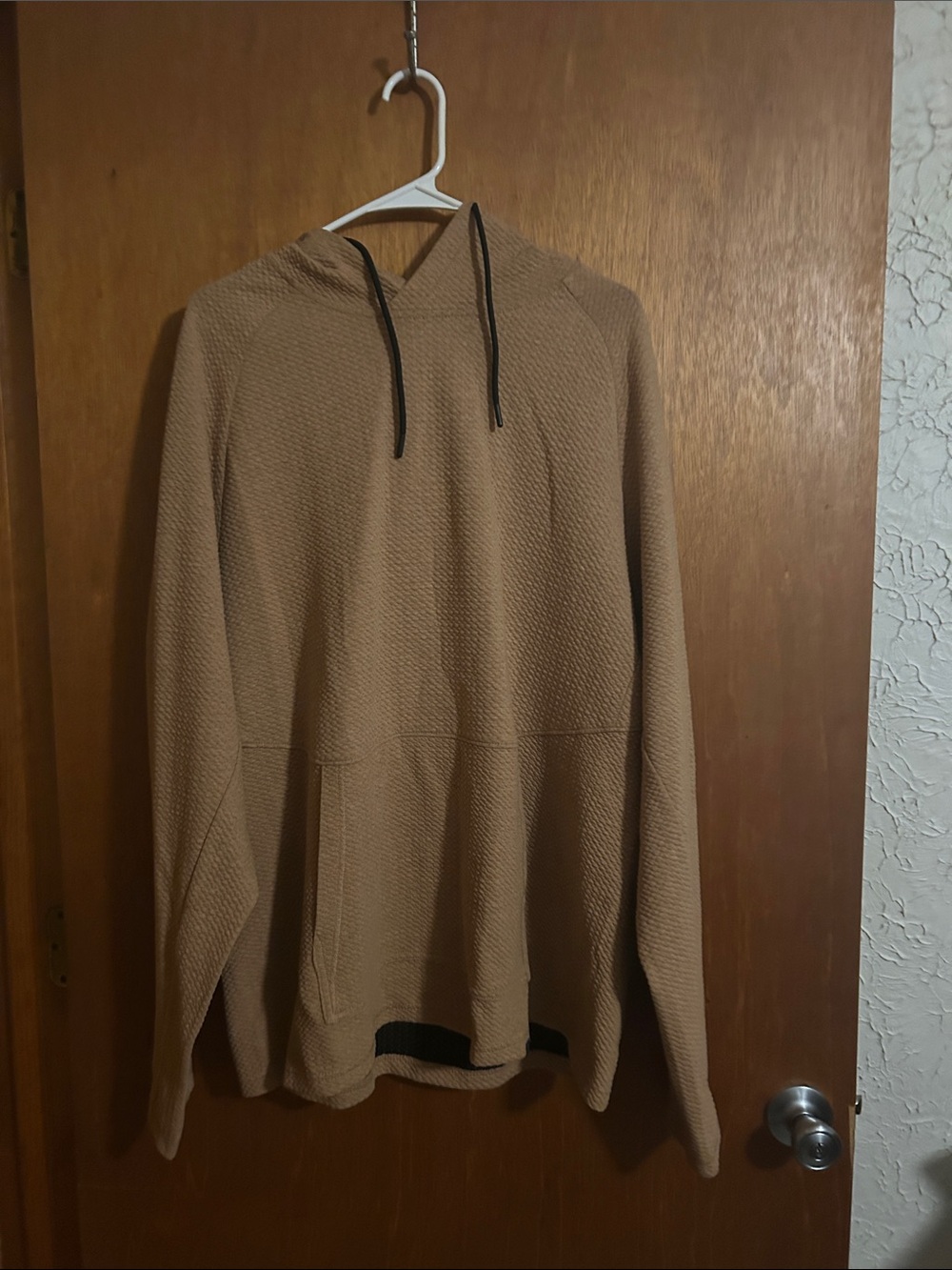 Ascend Women's Hooded Waffle Knit Pullover - Tan with Black Drawstrings
